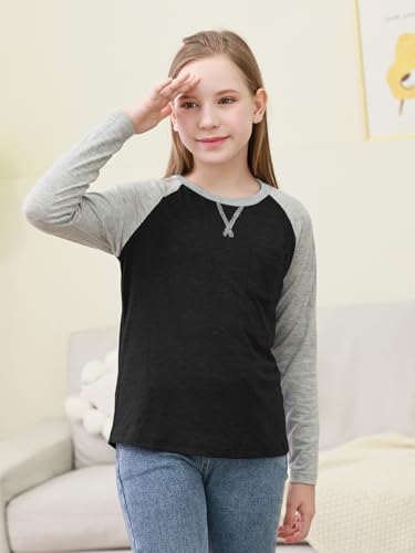 Image of GORLYA 2 Pack Girls Contrast Raglan Sleeve T-Shirt Casual Simple Basic Tee Tops with Pocket for 8-16Y