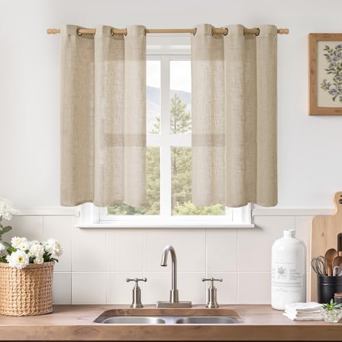 Image of LAMIT Kitchen Linen Curtains 40 Inch Length, Soft Thick Light Filtering Bronze Grommet Window Textured Neutral Sheer Drapes for Cafe /Window /Loft Room, 2 Panels, 34 x 40 Inch, Brown