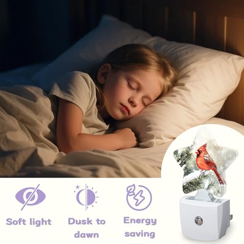 Image of Cardinal Bird Decorative Nightlight Plug in Wall,Christmas Star Shaped Night Light with Built in Sensor for Home Decor,Kitchen Hallway Stairs Desk Lamp
