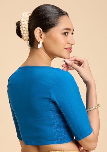 Image of Studio Shringaar Women's Thick Handloom Cotton Plain Side Stretch (Smocked) Readymade Saree Blouse