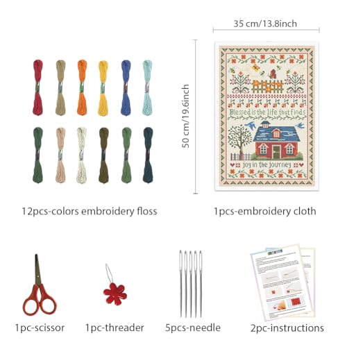 Image of FREEBLOSS Cross Stitch Wall Hanging Kits Joy in The Journey 13.8 * 19.7inch | 11CT Stamped Embroidery Starter Kits Pre Printed Stitches Practice Kit With Instructions For Beginners Cross Stitching Decor