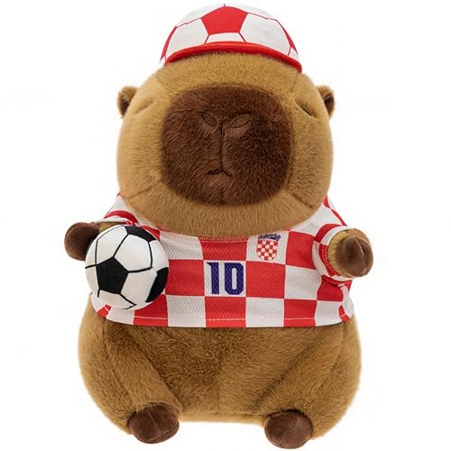 BEIMENWAI Capybara Plush Toy, Kids Capybara Stuffed Animals with Soccer/Basketball, Sport Capibara Keychain for Birthday Gifts (13.7In,Hat-SOC)