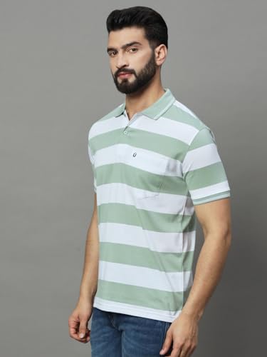 Image of UNIBERRY Men's Cotton Blend Regular Fit Polo Collar Striper T Shirt Has A Short Sleeves & Pocket On Chest-MT3-LG XL Light Green