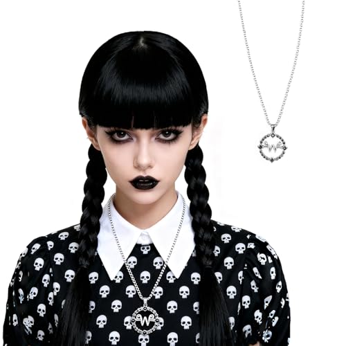 QACCF Womens Long Straight Braided Full Bang Black Synthetic Cosplay Costume Full Wig (Braid Jet)