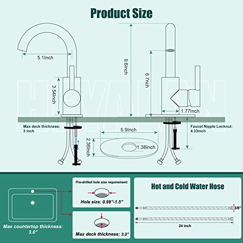 Heyalan Bar Sink Faucet 1 Hole Bathroom Sink Faucet,Stainless Steel Matte Black 1 Handle With Cold And Hot Water Temperature Rv Kitchen Restroom Utility Outdoor Faucet For Vanity Lavatory #TOP1