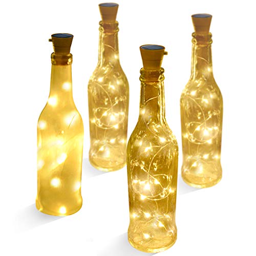 kingleder Set of 4 Warm White Solar Wine Bottle Cork Lights 10 LED Copper String Starry LED Lights for Bottle DIY, Party, Decor, Christmas, Halloween, Wedding, Accent Mood Lights(Bottle NOT Included)