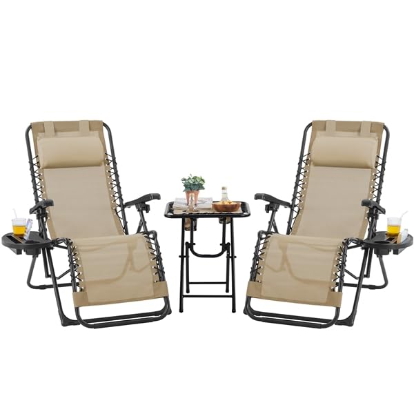 Yaheetech Set di 2 Sedie Sdraio da Giardino Zero Gravity e Tavolino con Portabicchieri, Set Sedie Pieghevoli con Poggiatesta, Portabicchieri, Pedale, Schienale Regolabile, Nero (Beige)