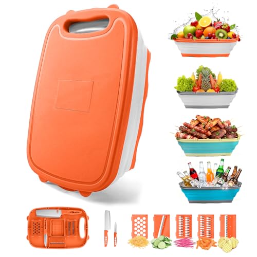 Image of Gintan Camping Cutting Board, 9-in-1 Collapsible Chopping Board with Colander, Kitchen Vegetable Washing Basket for Camping, Camping Gifts Camping Accessories for RV Campers (orange)