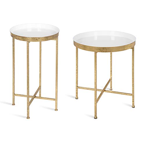 Kate And Laurel Celia Round Metal Foldable Tray Accent Table, White With Gold Base #TOP6