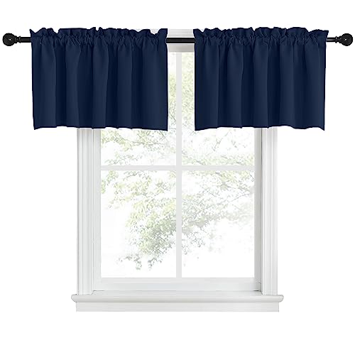 NICETOWN Window Curtain Valances for Kitchen Adjustable Length Double Rod Pocket Tailored Insulated Blackout Curtain Panels for Home Office, 52" Wide x 18" Long + 1.6" Header, Navy, 1 Pair