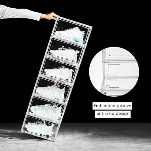 12 Pack Shoe Boxes, Clear Acrylic Stackable Plastic Sneaker Box Container, Magnetic Drop & Side Open Shoe Organizer Case Container With Lids Fits Up to Size 14 (Crystal Clear)