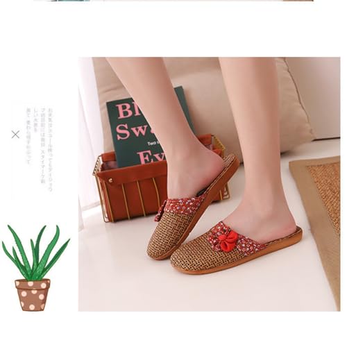 Shower Slippers Summer Mat Women's Linen Home Wooden Floor Couple Straw Indoor Men-orange Red Flowers-35-364