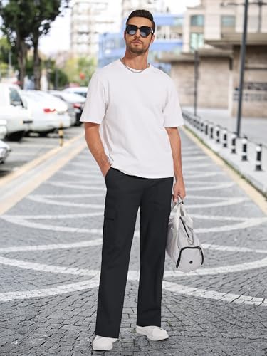 Tallemon Men's Casual Cargo Pants 30/32/34/36 Tall Inseam Hiking Pants Workout Joggers Loose Straight Sweatpants for Men 36" Black L