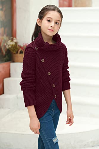 Haloumoning Girls Sweaters Button Turtle Cowl Neck Asymmetric Hem Wrap Pullover Sweaters For Girls Wine Red #TOP3