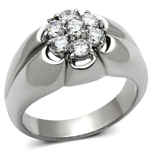 Eternal Sparkles Men's Stainless Steel Round Clear Cubic Zirconia Cluster Ring