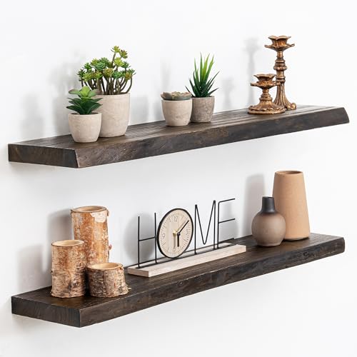 Image of Acovy Extra Deep 32 inch Long Live Edge Rustic Floating Shelves for Wall, Solid Wood Wall Shelves with Invisible Bracket Mount for Living Room Bathroom Bedroom Kitchen, Set of 2, Walnut