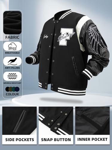 Mens Varsity Jacket Black Bomber Casual Baseball Outerwear Streetwear Coat Activewear Jackets with Wing Embroidery3
