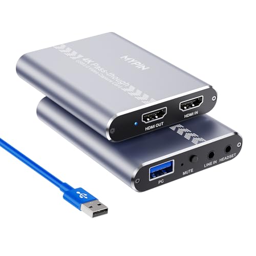 MYPIN 4K 60fps Audio Video HDMI Game Capture, Live Gamer Portable Pass-Through 4K Full HD 1080P 60fps USB3.0 Tarjeta de captura Ultra Low Latency Record Stream para Xbox, Playstation, Nintendo Switch