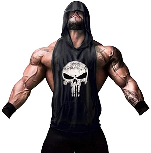 Tank Top Hombre de Tirantes Camiseta Deportiva para Pesas y Gym. Camisas Fitness sin Mangas con Capucha. (Castigador/Negra) - M