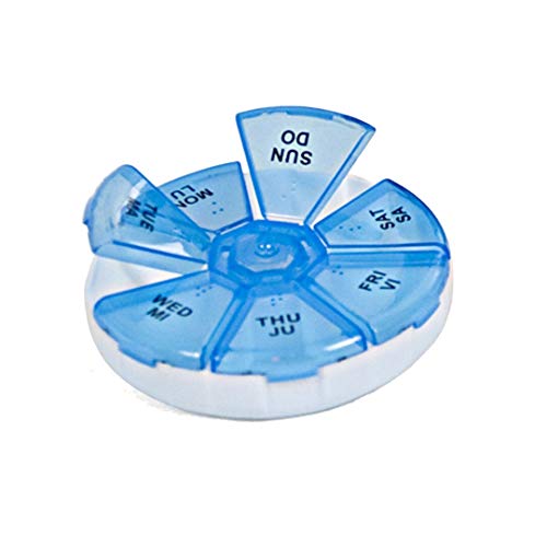 EUROXANTY® Pastillero semanal | Organizador de pastillas transportable |Pastillero redondo | Pastillas de diferentes tamaños | Pastillero de 8cm de diámetro | Azul