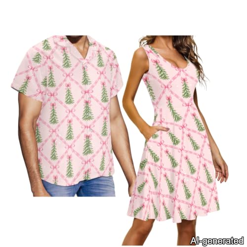 Image of Dreaweet Summer Dresses for Women A-Line Sleeveless Flowy Sun Dresses,Men's Casual Button-Down Shirts,Couple Matching Outfits