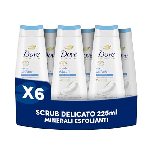 Dove Bagnoschiuma Scrub Delicato, Bagnodoccia Idratante, Formula Delicata sul Microbioma della Pelle, con Agenti Idratanti Vegetali, Senza Solfati SLES, Bagnodoccia Uomo e Donna, 6 Pezzi da 225 ml