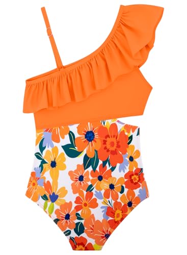 Image of Alakuoti Girls One Piece Swimsuits Cutout Ruffle Bathing Suit Quick Dry Beach Swimwear with Adjustable Strap 5-14 Years