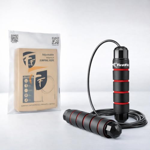 Image of FirstFit Polyvinyl Chloride Jump Rope Tangle-Free Rapid Speed Jumping Rope Cable with Ball Bearings for Women, Men, and Kids, Adjustable Steel Skipping Rope with Foam Handles, Black & Red