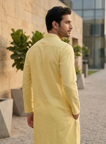 Image of Men's Traditional Ethnic Kurta Long Solid Casual Light Yellow