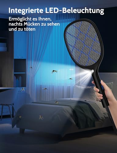 YISSVIC Elektrische Fliegenklatsche extra stark 4000 V mit LED Beleuchtung und Akku Aufladbar Schwarz