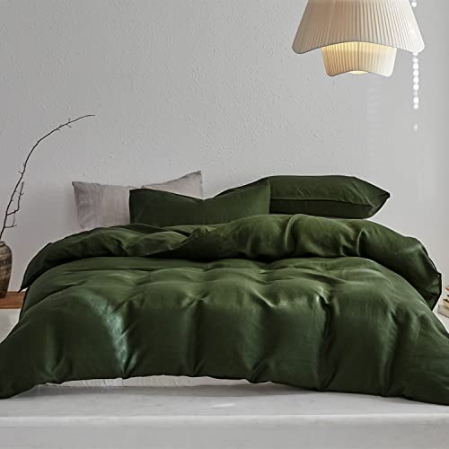 TOSMO Linen Duvet Cover Set, 100% French Flax Natural Linen Bedding 3pcs Set, Soft Breathable for Hot Sleepers 1 Duvet Cover and 2 Pillowcases (Forest Green, Queen)