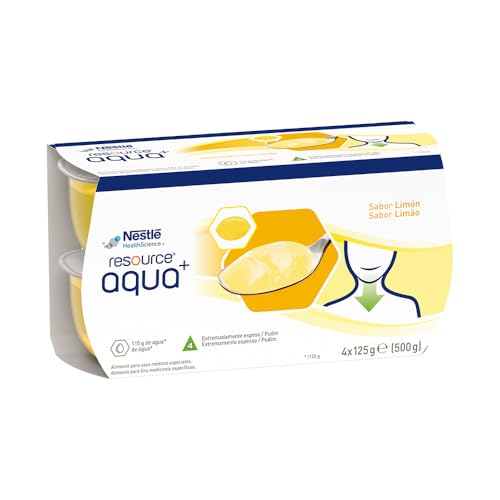 RESOURCE AQUA+ GELIFICADA, Sabor Limón, Hidratación Segura para Personas con Disfagia, Textura Tipo Pudin, Fácil Ingesta, Sin Gluten ni Sacarosa, Paquete de 4 unidades x 125 gr