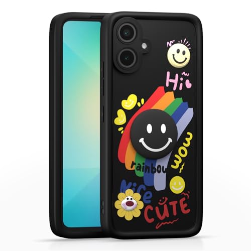 Image of Pikkme Back Cover for Samsung Galaxy F06 5G / M06 5G | Soft Silicone| Cute Rainbow Smile & 3D Cartoon Flower Design | Shockproof Raised Camera Protection Bumper Case (Black)