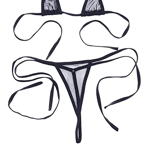 Women’s Sheer Extreme Swimsuit Bikini Halterneck Top and Tie Sides Micro Bikini Thong Sets3