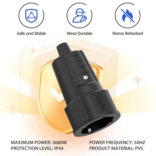 Schuko Kupplung, 2 Stück Schutzkontakt 250 V/16 A Schuko Kupplung IP44 mit Knickschutztülle für 8mm Kabel