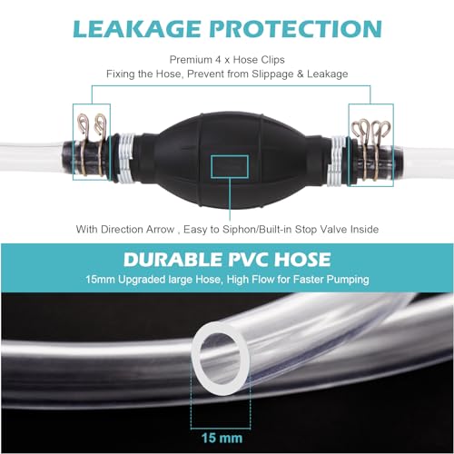 Yetofro Gas Siphon Hose Pump, Manual Hand Water pump, Gasoline Transfer Pump for water Gas Oil Petrol Diesel, Fuel Siphon Pump with 2 Durable PVC Syphon Hoses, HH016