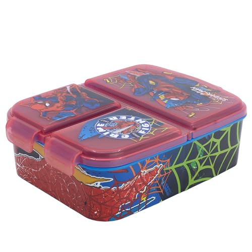 KP Pharma Marvel Spiderman Boîte à sandwich multi-compartiments pour enfants – Boîte à déjeuner durable, sans BPA avec 3 compartiments et couvercle sécurisé – Parfaite pour l'école, les pique-niques
