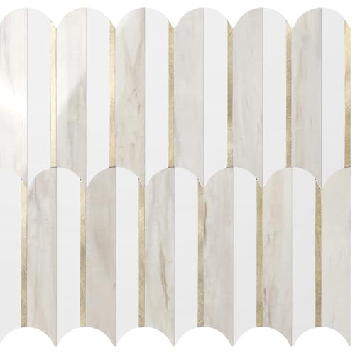 Vamos Tile Peel and Stick Backsplash Seamless Tile for Kitchen and Bathroom White and Glossy Wooden Marble PVC Mixed Light Gold Self Adhesive Fish Scale Metal Mosaic Tiles (10 Sheets)