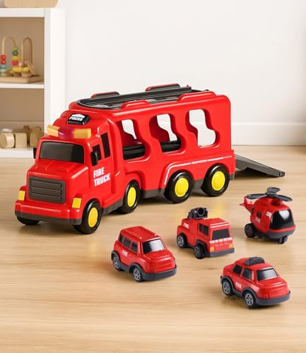 Image of Play Nation 5-in-1 Friction-Powered Truck Toy Set with Light&Sound-Educational Transport Carrier Vehicle for Kids 3 Years+,Emergency Rescue Toy for Girls&Boys,Birthday Gift (Fire,Red)