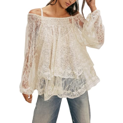 Women Sexy Lace Off Shoulder Top Long Puff Sleeve Tiered Sheer Mesh See Through Tunic Shirt Retro Y2K Dressy Blouse