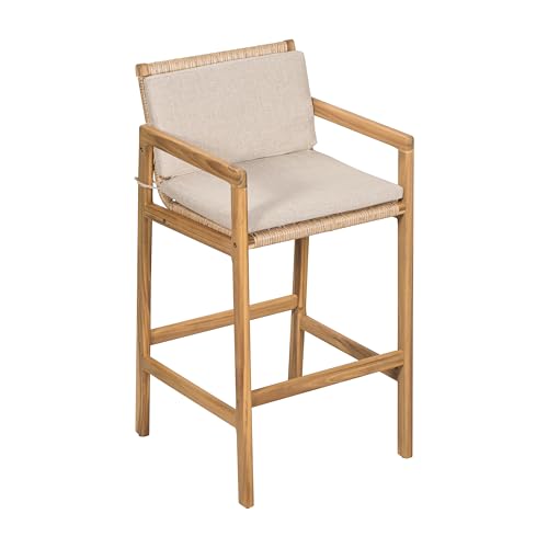 Christopher Knight Home Deft Patio Barstool Set of 2, Outdoor Counter Height Stool with Acacia Wood Frame and Wicker, Bar Stool with Backrest/Seat Cushion for Backyard Garden, Beige + Teak by Christopher Knight Home - Image 4