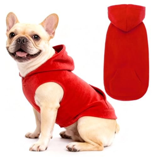 EXPAWLORER Dog Hoodie Fleece Sweater Vest, Hooded Dog Sweatshirt Fall Winter Pet Clothes with Leash Ring, Sleeveless Warm Cozy Puppy Clothing for Cat Small Medium Large Dogs Girl Boy, Red XS