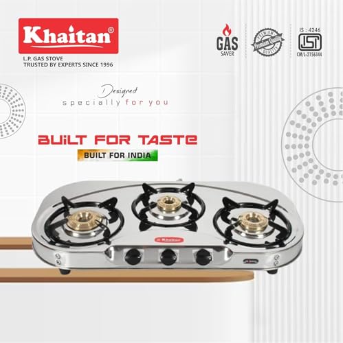 Khaitan 3 Burner Draw "C" (with extra big party cooking burner) Stainless Steel Manual Gas Stove (3 Burners)