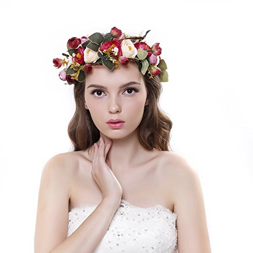 Ever Fairy Women handmade Rose Flower Crown with Adjustable Ribbon for Wedding Festivals