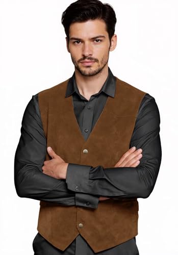 Men's Cowboy Suede Suit Vest Single Breasted Vintage Formal Faux Leather Waistcoat2