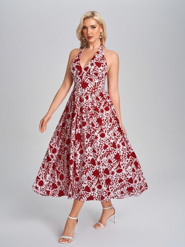 Image of Parthea Women's Gingham Halter V Neck Midi Dress Corset Smocked Sundress Flowy A Line Wedding Guest Dresses