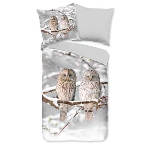 ESPiCO Bettwäsche Trendy Bedding Schneeeulen Grau Wintervögel Tier Eule Vogel Naturmotiv Flanell, Größe:135 cm x 200 cm