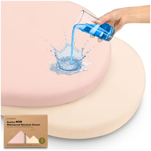 Image of 2-pk Waterproof Bassinet Sheets Girls, Boys, Cotton - 33x17 Universal Bassinet Mattress Pad Protector Cover, Compatible with Graco, Baby Delight, Chicco, Halo Bassinest Swivel Sleeper Fitted (Cameo)