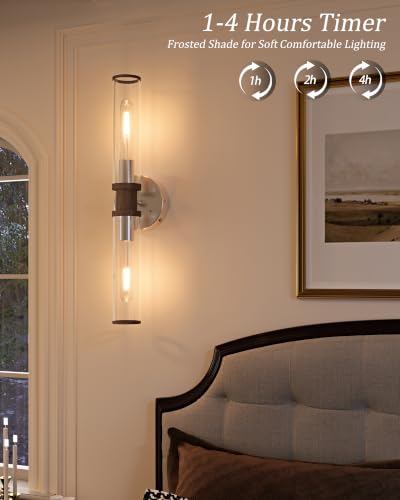 Image of Rayogale Nickel & Walnut Wireless Battery Operated Wall Sconces with Remote | Glass Rechargeable Wall Lights Set of 2 with Timer Function Dimmable for Living Room Bedroom Emergency 3000K, 20.5 Inch
