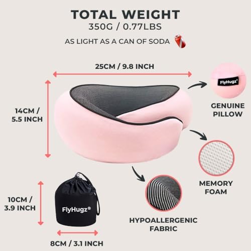 Image of FlyHugz Neck Travel Pillow Memory Foam Neck Pillow for Comfort on Airplane Compact and Ergonomic Design for Travel, Car Rides, and Home Use Ideal for Adults and Kids. (Pink)